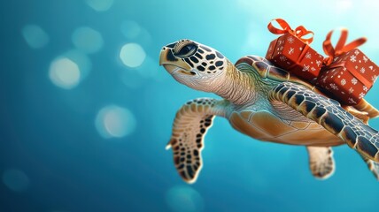 Sea turtles carrying Christmas gifts, ocean holiday celebration, 3D illustration