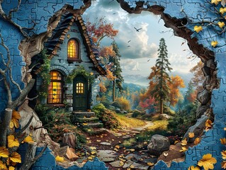 Fototapeta premium Autumnal Stone Cottage: A Dreamy Landscape Through a Broken Wall