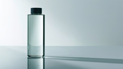 Clean modern water bottle with safety cap and half-filled with clear water on white background, symbolizing hydration and drinking safety, ample copy space for text overlay.