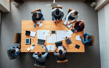 Overhead shot of business panel in office meeting collaborating around large table