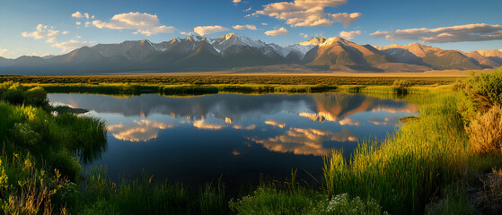 Mountain range reflected in still water at sunset.