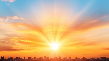 A vibrant sunrise illuminates the sky with radiant colors, casting beautiful light over a city skyline.