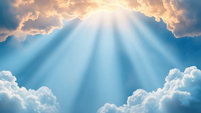 A serene sky scene with sunlight streaming through fluffy clouds, creating a peaceful and uplifting atmosphere.