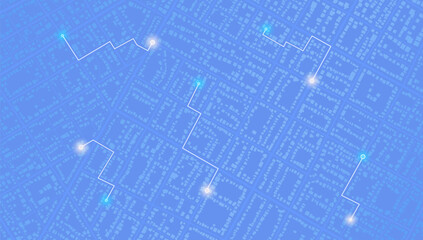 Online location tracking. Delivery Route Optimization with data of arrive time on city map. Huge city map with roads streets as background. Vector illustration