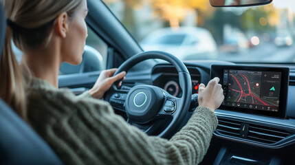 Woman driving car, hands on steering wheel
