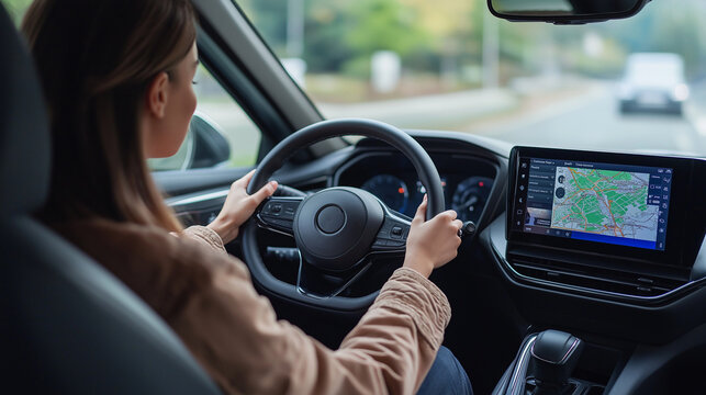 Woman driving car, hands on steering wheel