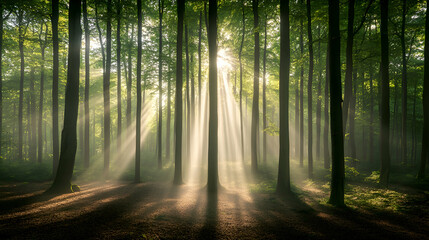 Fototapeta premium Sunbeams pierce through a misty forest, illuminating the tall trees and creating a magical atmosphere.