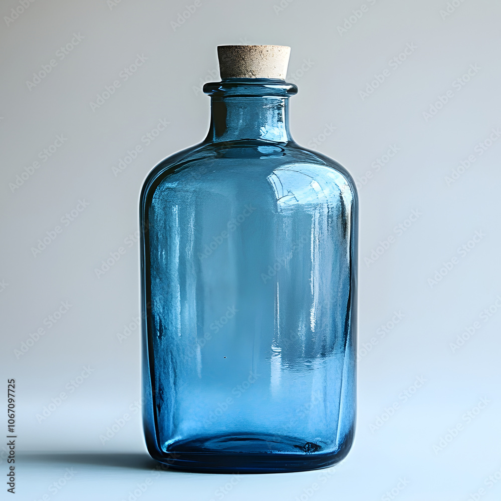 Poster Minimalist blue glass bottle or container with simple design in a clean,minimalist studio setup. The transparent glass bottle is the sole focus,creating a sleek and elegant product display.