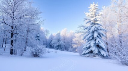 Winter landscape with fresh snow covering trees and ground, outdoors, beautiful