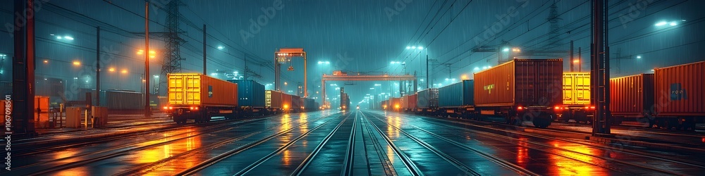 Poster nighttime scene of a freight train loaded with cargo containers passing through an illuminated urban