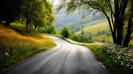 Fototapeta premium Winding paved road through green hills and wildflowers in a rural setting.