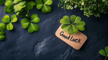 Czterolistna koniczyna z napisem Good Luck tworzy zachęcające przesłanie, idealne na każdą okazję, by życzyć komuś sukcesów i pomyślności. © Sawyer0