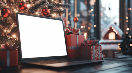 Laptop with white blank empty screen mockup on table with gifts, against background of decorated Christmas tree. Online shopping delivery advertisement on e-commerce website.