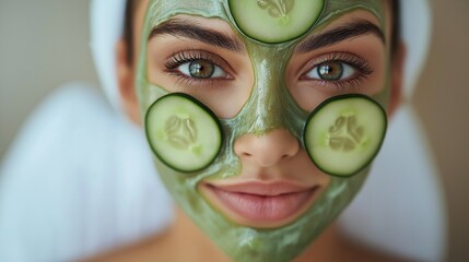 Beautiful woman with moisturized face mask of cucumber slices on face.