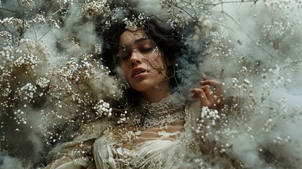 Fototapeta premium Dreamy Portrait of a Woman Surrounded by Delicate White Flowers