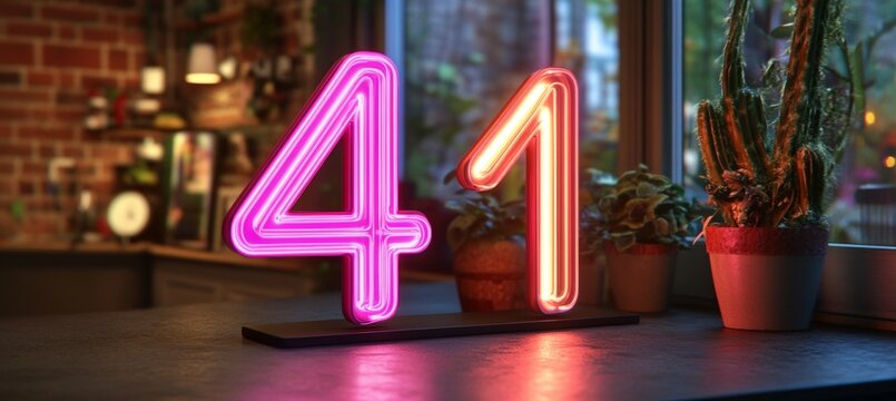 Glowing Neon Number Forty One in Modern Interior Setting Celebrating Special Moments