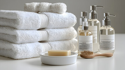 Peaceful and tranquil bathroom setting featuring a stack of plush white towels and an arrangement of organic toiletry products such as lotion,shampoo,and soap.