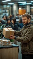 Courier delivers package in office.