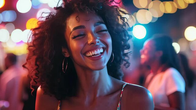 A young woman energetically dancing and smiling in a lively nightclub, surrounded by flashing lights and a cheerful crowd. The atmosphere conveys a sense of freedom and happiness.
