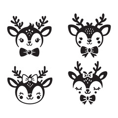 Fototapeta premium Cute black and white deer faces with antlers and bow ties, perfect for holiday designs. Kawaii black and white set vector illustrations