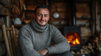 Obraz premium Cozy moments by the fireplace in a rustic cabin as a man enjoys the warmth during a chilly evening in nature