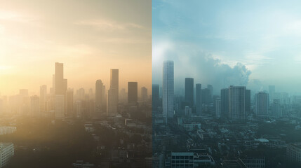 Fototapeta premium A city skyline with one side covered in smog and rising temperatures, while the other side shows a cooler, greener world, depicting the effects of climate change