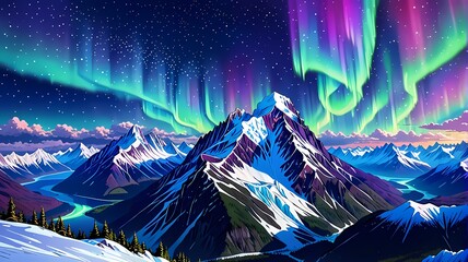 Mountain Landscape with Aurora Borealis