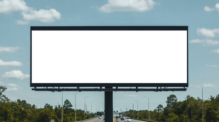 Fototapeta premium Empty billboard on a highway against a blue sky, no text or advertisements.