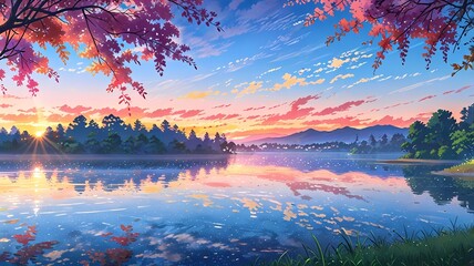 Dreamy Sunrise over Lake with Clouds Reflection