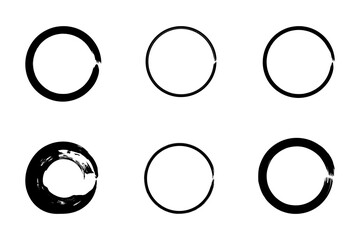 Vector illustration of a set of circle brush strokes depicting the Zen enso. Hand-drawn frames with rough borders and abstract chalk art.