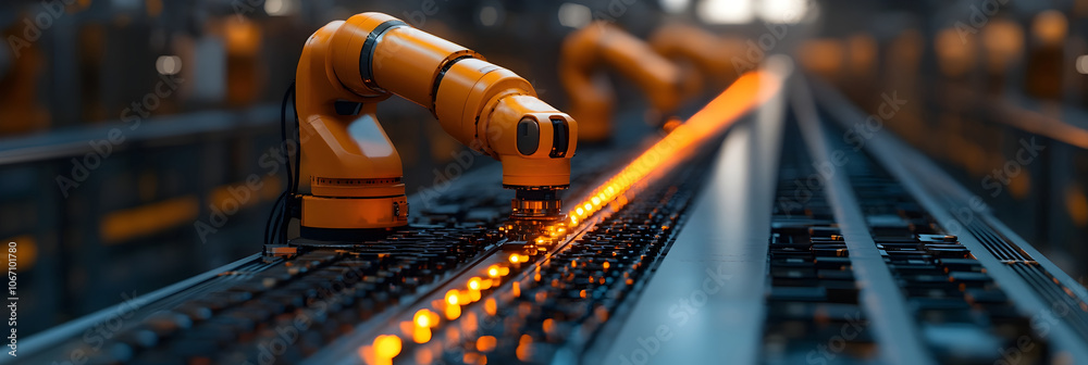 Poster Robotic arm manipulator machine in an automated industrial production factory setting. Futuristic technology,engineering,and mechanics concept for modern efficient manufacturing.