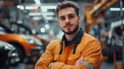 Mężczyzna z branży motoryzacyjnej pozuje w fabryce samochodów, z linią montażową w tle. 