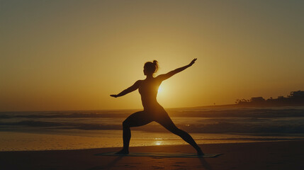 Fototapeta premium Yoga Silhouette at Sunset on Beach