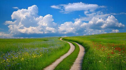 Obraz premium A winding dirt road leads through a field of wildflowers under a bright blue sky with fluffy clouds.