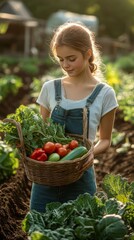 A girl gathers fresh vegetables.