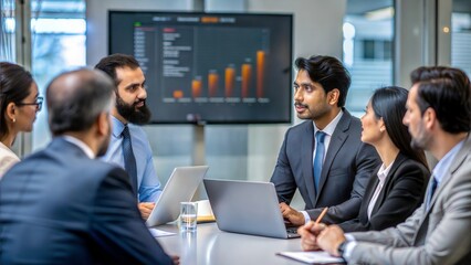 Indian business team gathered in a boardroom, discussing strategy with a large screen display.	
