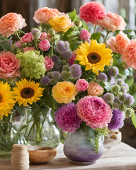 Obraz premium spring bouquet, flower jar, fresh blooms, vase with spring sign, floral decor, spring flowers vase, blooming spring, springtime bouquet, flowers and label, seasonal decor, flower pot, spring colors, v