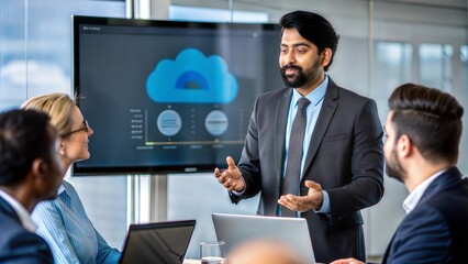 An Indian IT expert discussing cloud solutions with clients, using visual aids and a presentation screen.	
