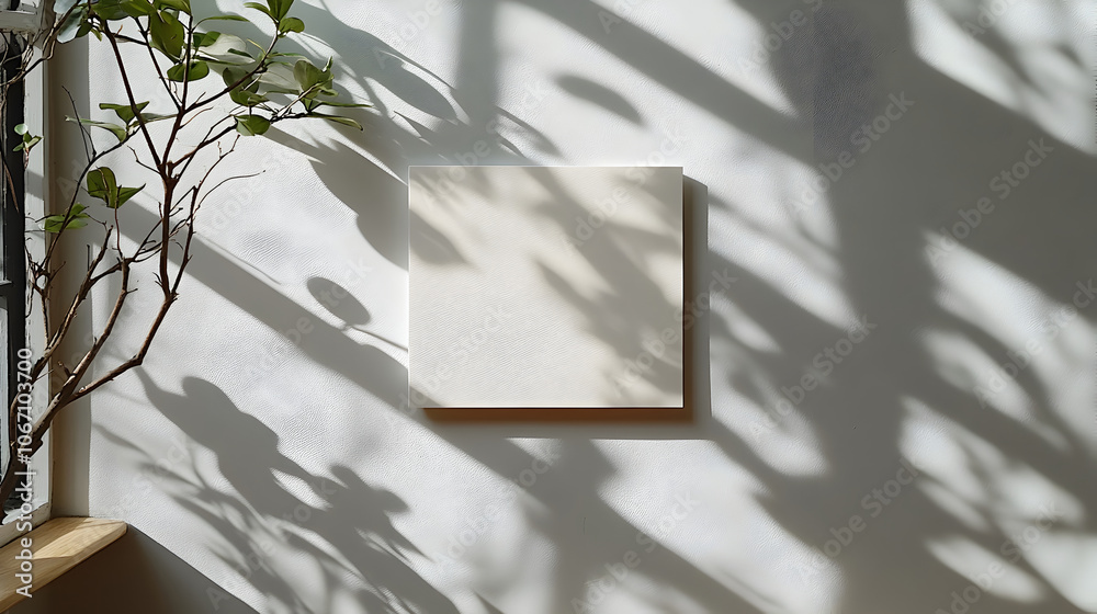 Poster Serene natural lighting casts dramatic shadow of lush green leaves on a plain white wall,creating an abstract botanical pattern with a clean,minimalist aesthetic.