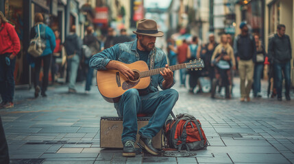 Street Musician Playing Guitar In City Center