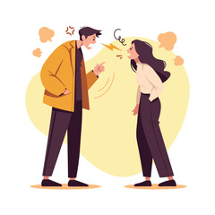 Man and woman arguing. Young couple sorting things out, fighting. Conflict situation. Vector illustration isolated on white.