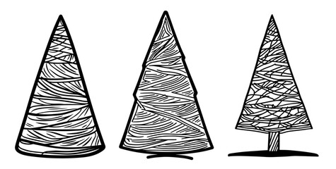 minimalist christmas trees collection with hand-drawn texture lines - black vector