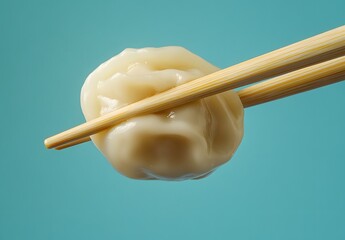 A Single Dumpling Held by Chopsticks Against a Blue Background
