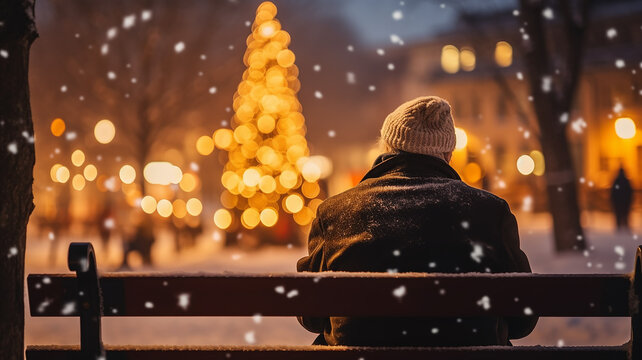 lonely old man on a bench in the city winter park, Christmas Eve snowfall, New Year's background