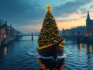 A boat adorned with a gorgeous Christmas tree sailing on rive
