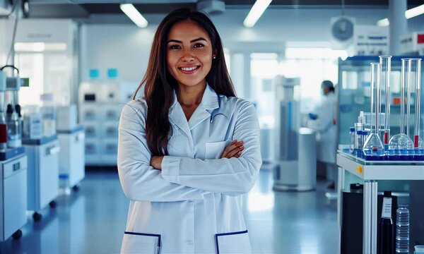 A vibrant image of a young woman scientist in a white coat, standing with arms crossed and a friendly smile. The background is softly blurred, a modern lab filled with scientific equipment.