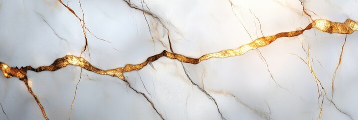 Fototapeta premium Luxurious polished white marble featuring intricate gray and golden veins in an elegant design. AI generated