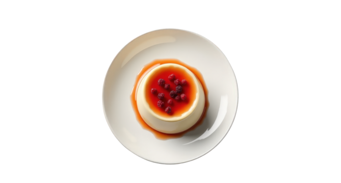 Ultra-realistic top view of Panna Cotta on a plain transparent background. Creamy dessert topped with fruit, smooth surface, clear contours, no shadows. Ideal for showcasing Italian desserts.