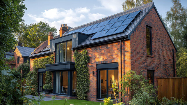 Modern UK house with solar panels seamlessly integrated into its roof, highlighting the rise of sustainable living and renewable energy adoption. Eco-friendly design concept