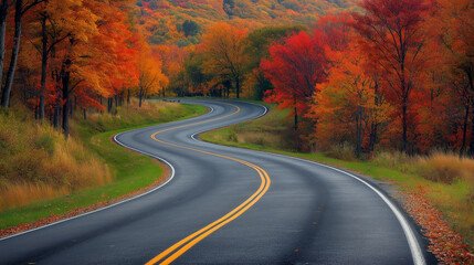Fototapeta premium Autumn Road Winding Through Colorful Foliage